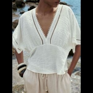 Zara White V-Neck Blouse